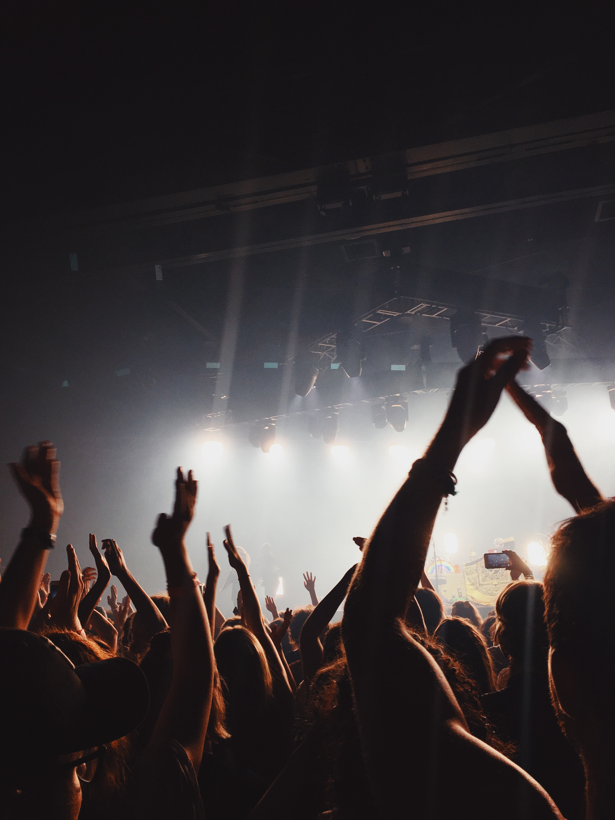 A group of people at a concert with their hands in the air
