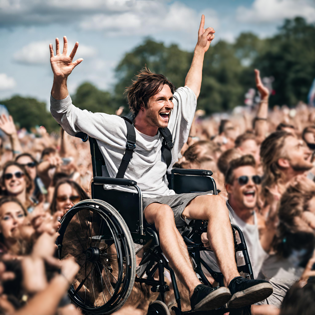 Image of a man in his early 30's in a wheelchair crowd surfing at a music festival